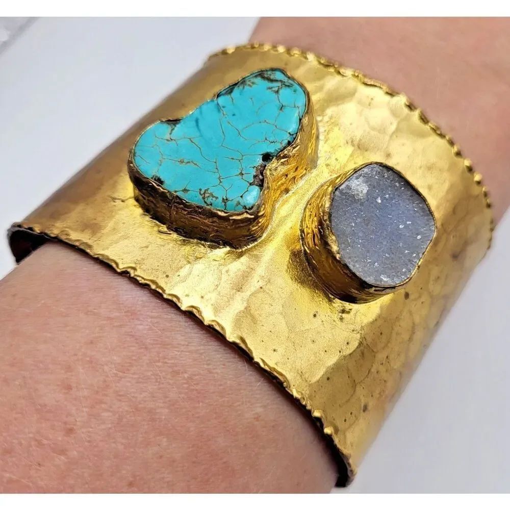 Chunky Hammered Brass Bohemian Thick Bangle Bracelet Turquoise Geode 2in wide